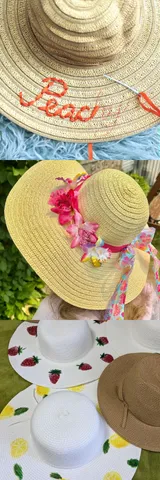 From top to bottom: Embroidered hat which reads "Peachy," Hat with ribbon and flowers around the base, Various hats painted with fruits.