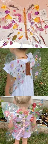 Three designs of clear fairy wings decorated with pressed flowers.