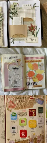 Three examples of junk journal pages including one based on tea bags, one using a receipt, and another with notebook paper.