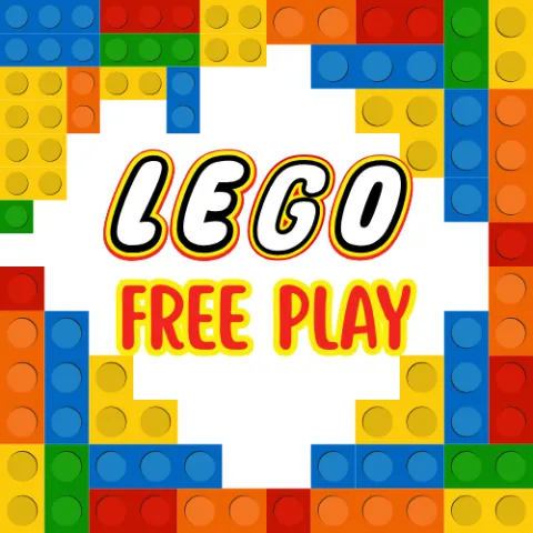 Multicolored lego border on a white background with the words "Lego Free Play" in the center.