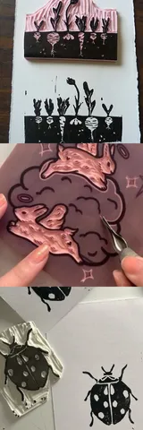 Three different examples of linocut printmaking, also showing the cutting and printing process.