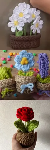 Three different designs for fridge magnets which are crochet flower pots.