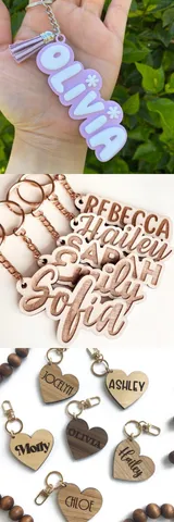 Three different designs of name keychains made with the Glowforge laser cutter using acrylic and wood.