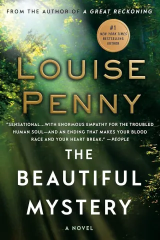Image of light shining through the trees with the text, The Beautiful Mystery by Louise Penny.