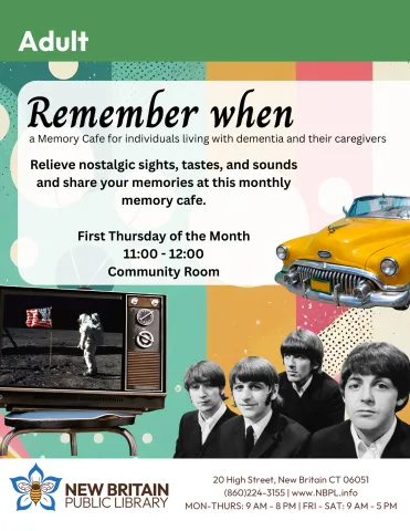 Flyer for event featuring a classic car, television, and The Beatles