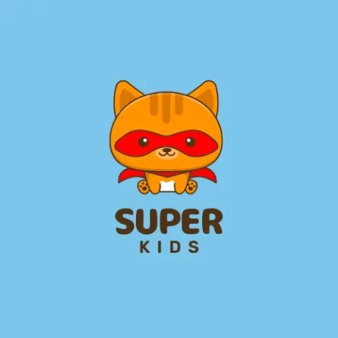 Light blue background with a picture of a red panda wearing a mask and cape. The words "SUPER KIDS" below in brown.