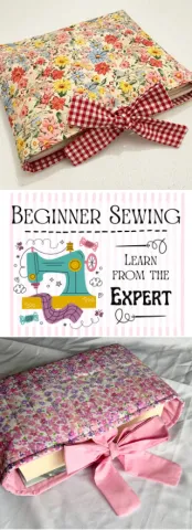 Two examples of sewn book sleeves as well as text that says "Beginner Sewing: Learn from the Expert"