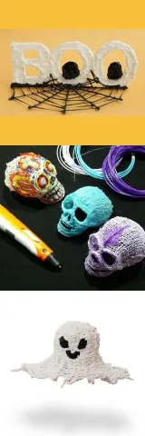 3 different examples of halloween designs you can make with the 3D pen featuring, from top to bottom, a sign that says 'Boo,' various 3D skulls, and a cute 3D ghost