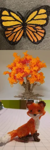 Three examples of 3D pen art including a monarch butterfly, an autumn tree, and a fox.