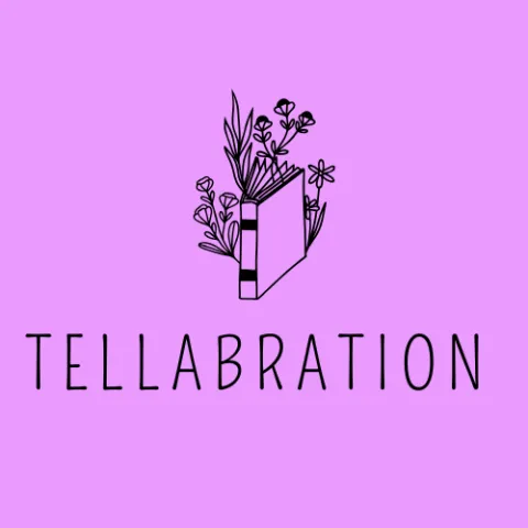 Light purple background with a book in the center with flowers growing out of them. Below in all caps "Tellabration".