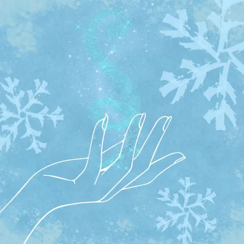 a picture of a hand and snowflakes