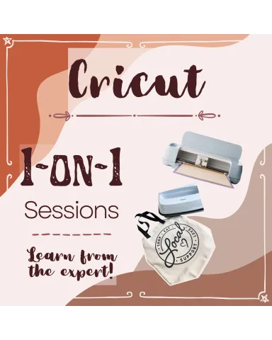 Graphic that reads "Cricut 1-on-1 Sessions, Learn from the Expert"