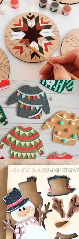 A wooden painted coaster, custom felt winter sweaters, and a build-your-own wooden snowman ornament.