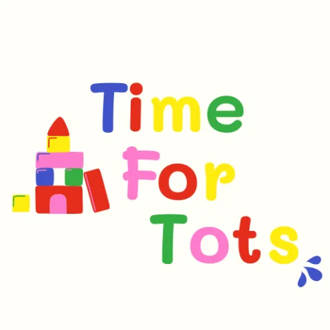 Off white background with multicolored letters spelling out "Time For Tots". On the bottom right there is a blue motif. On the left side is a group of different colored blocks building a tower.