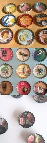 Three examples of different styles resin bottle cap magnets.