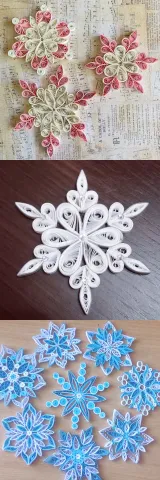Three examples of paper quilled snowflakes.