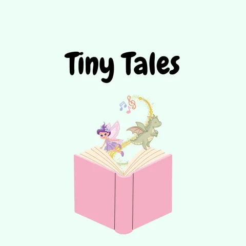 Open book with a fairy, dragon and music coming out.