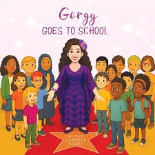 Women with long brown curly hair held back on one side with a flower wearing a long ruffly purple dress stands in the middle on a red carpet and a star while a bunch of young children look up at her.