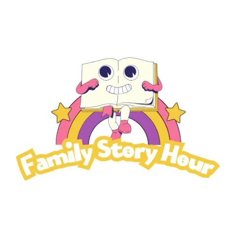 Off white background with a purple, yellow and orange rainbow in the background as well as two stars. In the front a book with arms and legs smiling and walking forward. Underneath the words "Family Story Hour"