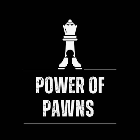 Black background with one white chess piece with a smaller black cut out of another chess piece. Below are the words "Power of Pawns".