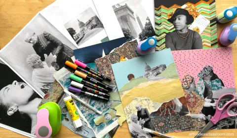 collage artwork and materials on a table