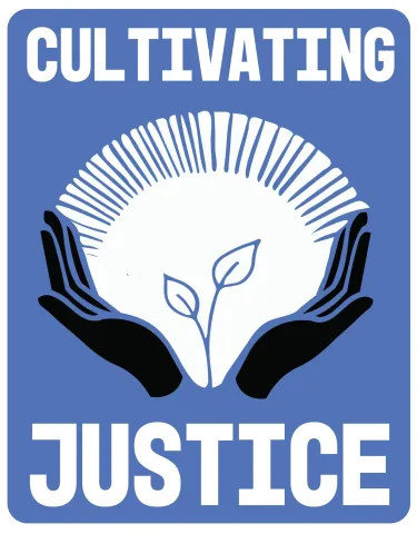 Logo for Cultivating Justice featuring two open hands framing a seedling