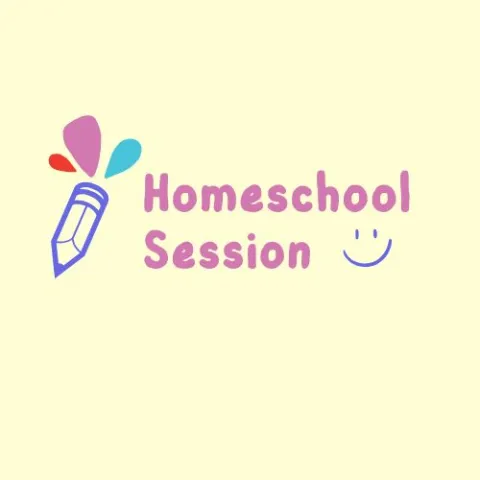Light yellow background with a purple pencil outlined, splashes of red, pink and blue above the pencil. The words "Homeschool Session" in the middle in pink. On the right is a smiley face in purple.