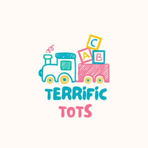 Off white background with a teal train followed by a pink trailer carrying letter blocks "A,B,C" and the words "Terrific Tots" in teal and pink.