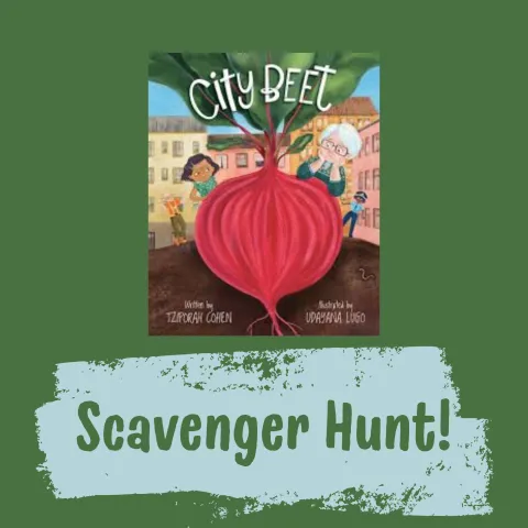 Green background with picture of "City Beet" book cover. Underneath a blue slash with the words "Scavenger hunt!"" inside