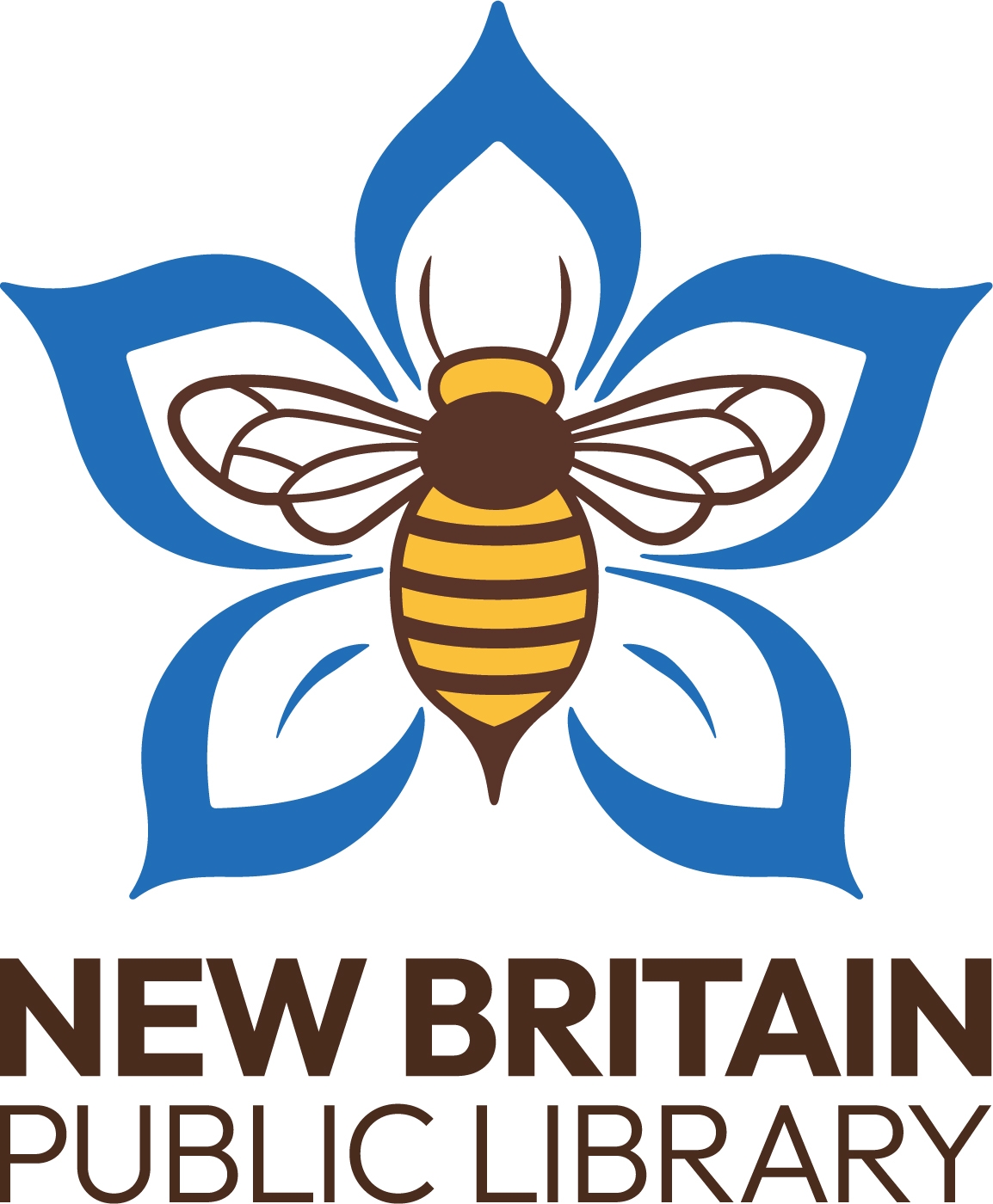 A yellow and brown bee on a blue stylized flower above the words New Britain Public Library