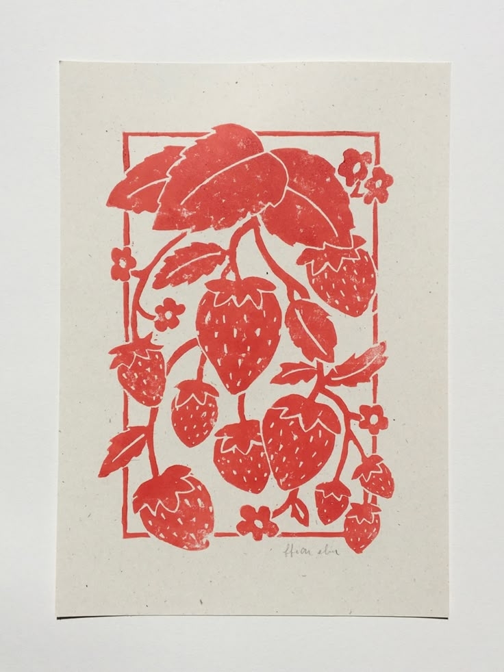 Screen printed design of a red strawberry plant on paper