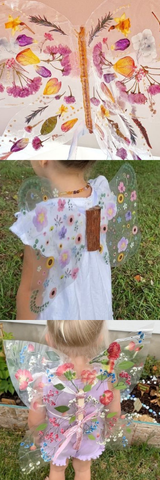Three designs of clear fairy wings decorated with pressed flowers.