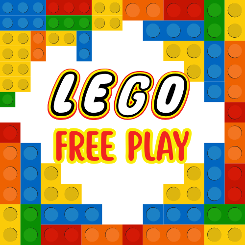 Multicolored lego border on a white background with the words "Lego Free Play" in the center.