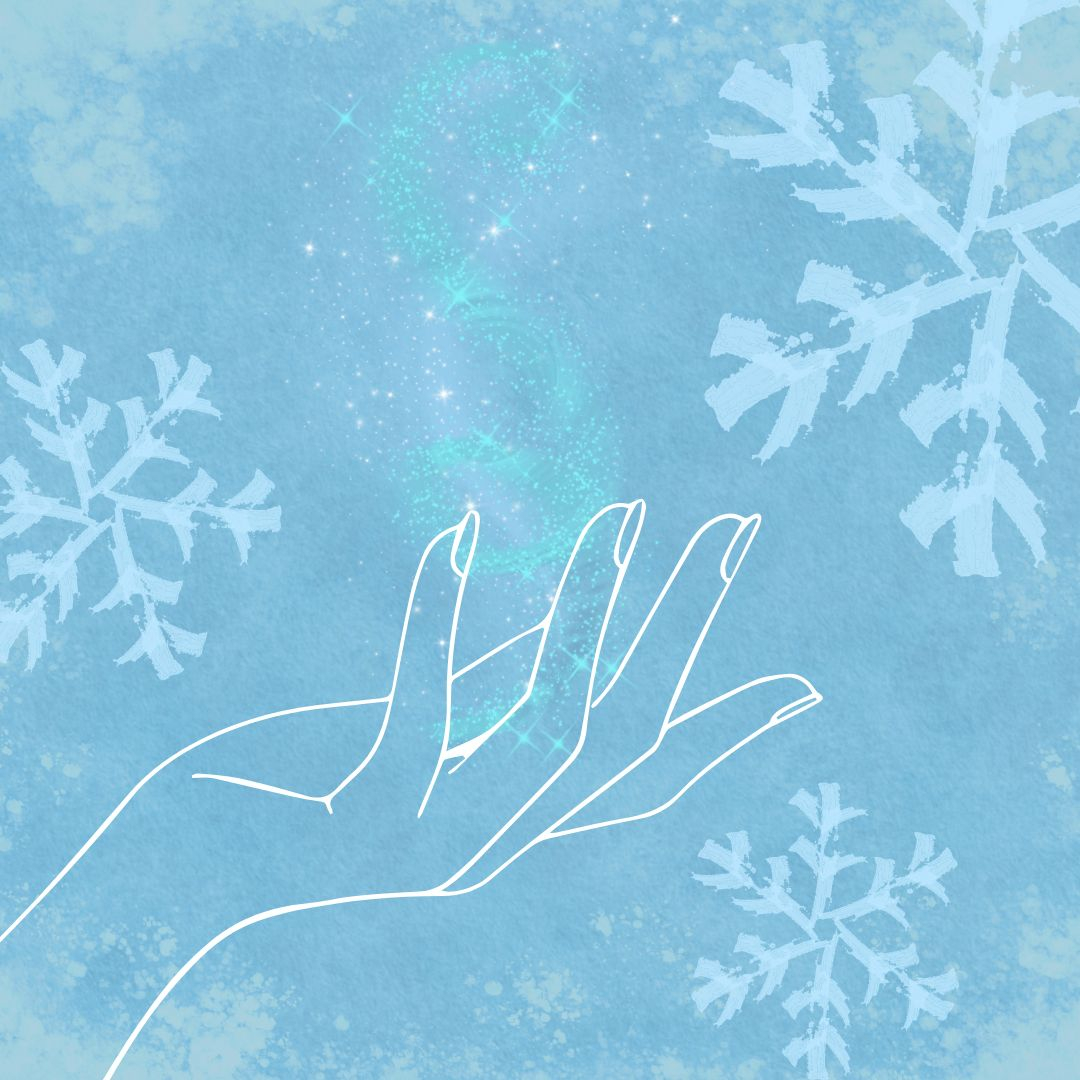 a picture of a hand and snowflakes