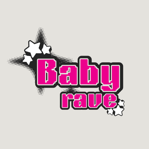 Gray background, with black and white stars on either side of the words "Baby rave" in bright pink.