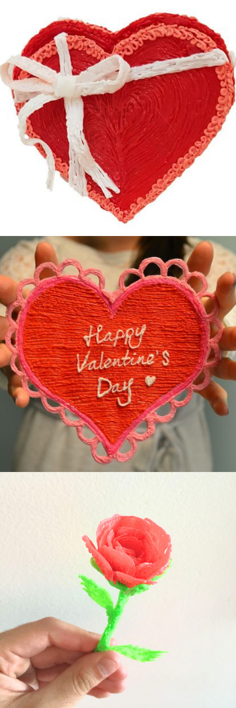 Three examples of Valentine's 3D pen art.