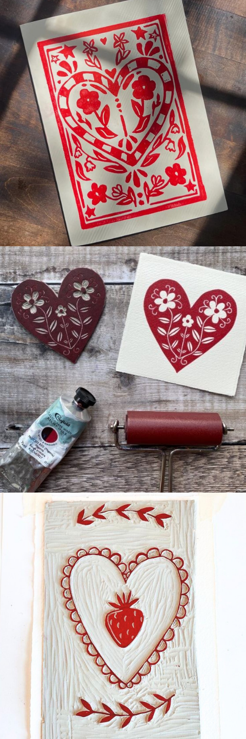 Three examples of linocut Valentines.