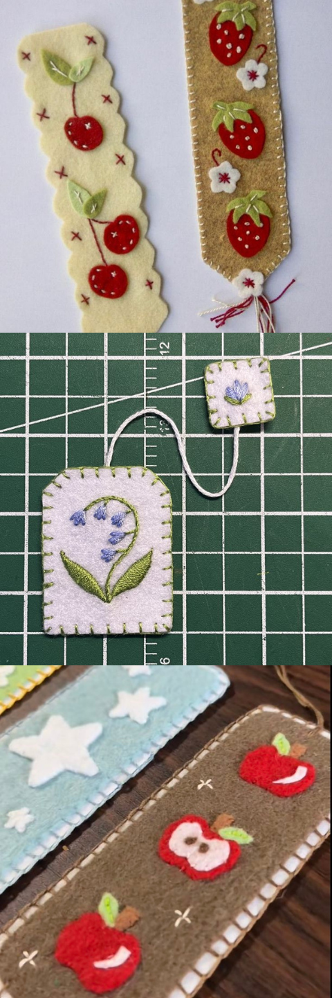 Three examples of felt bookmarks.