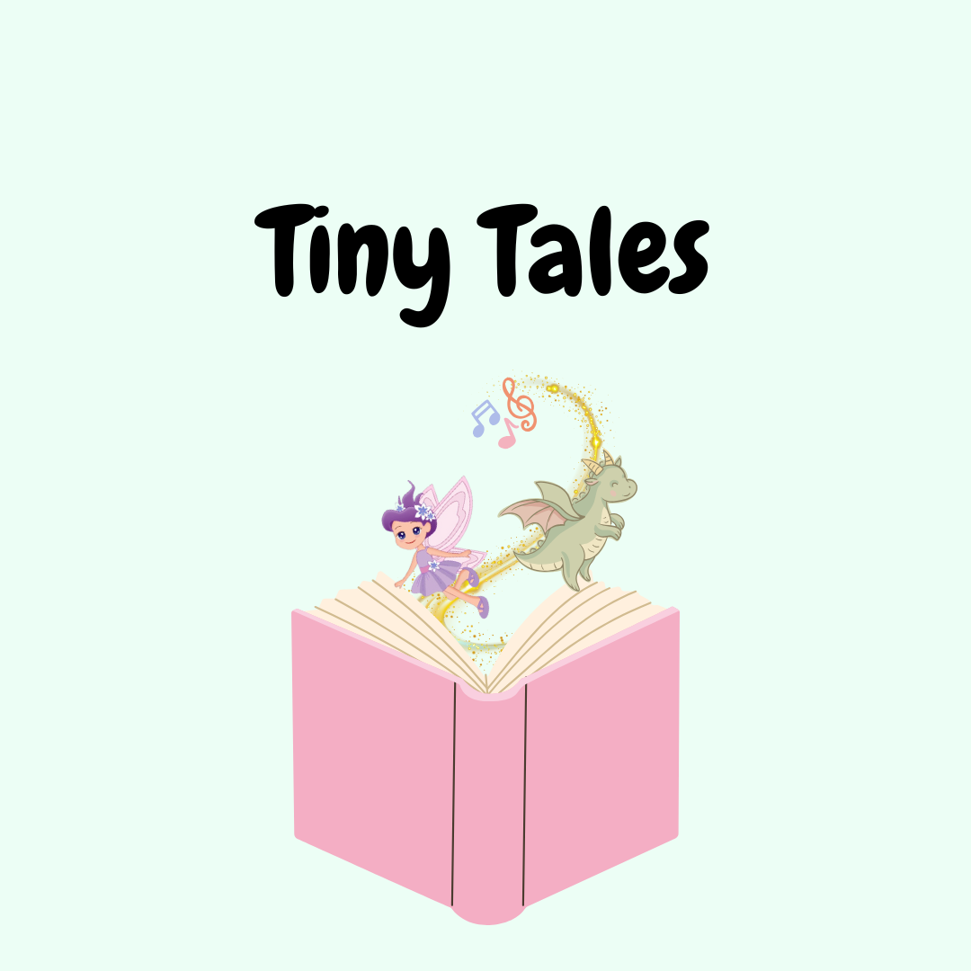 Open book with a fairy, dragon and music coming out.