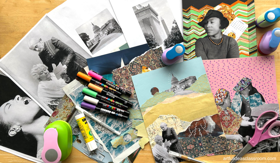 collage artwork and materials on a table