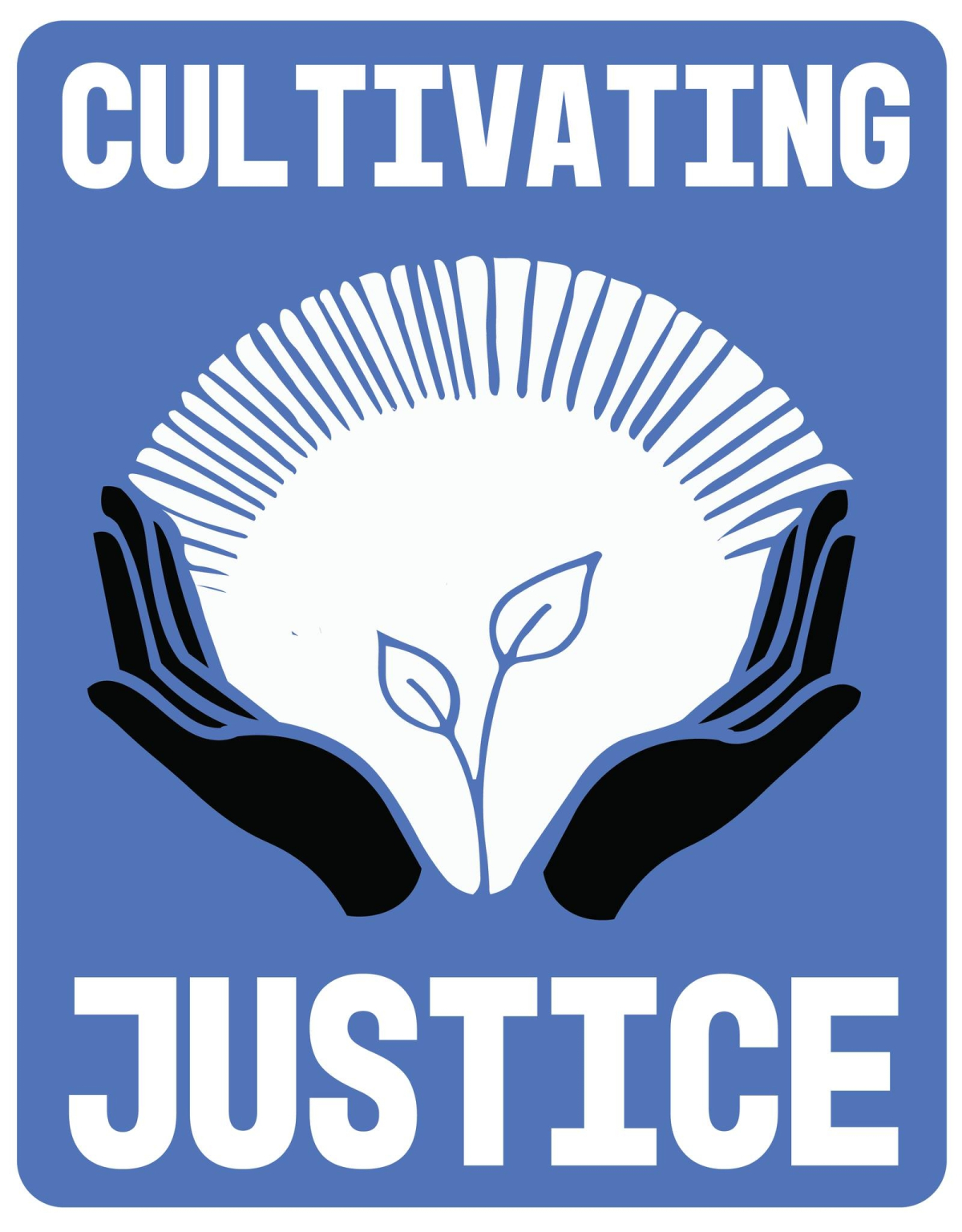 Logo for Cultivating Justice featuring two open hands framing a seedling