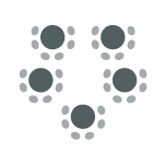 Icon depicting room set up with multiple round tables with each table surrounded by chairs facing front of room.