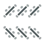 Icon depicting room set up with two rows of rectangular tables placed an at angle with chairs on all sides of each table.