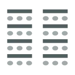 Icon depicting room set up with rows of desks with chairs behind each desk facing towards the front of the room
