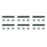 Icon depicting room set up with three columns of tables with chairs behind each table facing the front of the room.