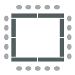 Icon depicting room set up with rectangular tables arranged in a large square with chairs surrounding the outer perimeter and the middle area open.