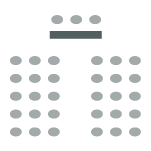 Icon depicting room set up with two rows of chairs with a center aisle facing a speaker panel table and chairs at the front of the room.