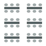 Icon depicting room set up with rows of tables with a center aisle and chairs on both sides of each table.