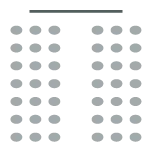 Icon depicting room set up with two rows of chairs with a center aisle facing a stage at the front of the room.