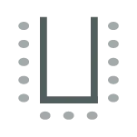 Icon depicting room set up with tables arranged in a U-shape with chairs along the outer perimeter of the tables.